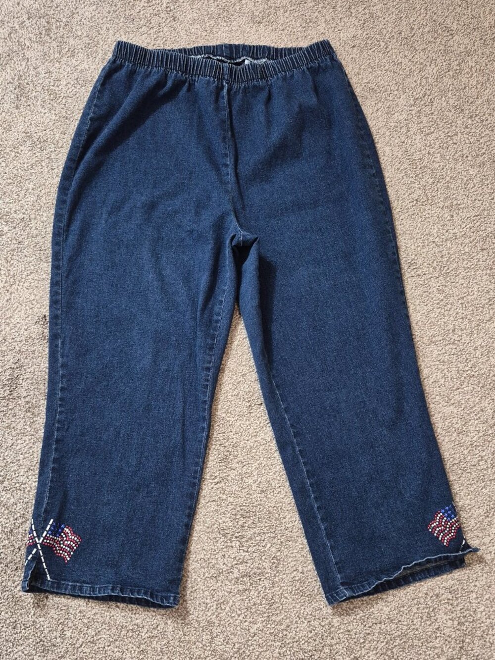 DENIM 24/7 Cropped Blue Jeans w American Flag Bling; Elastic Waist; Size 18W